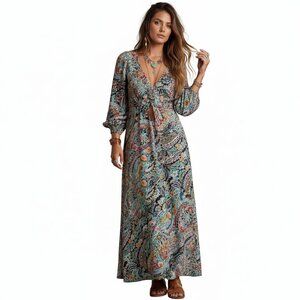 MSK Medium Multicolor Paisley Maxi Dress Long Sleeve Boho Festival Flowy